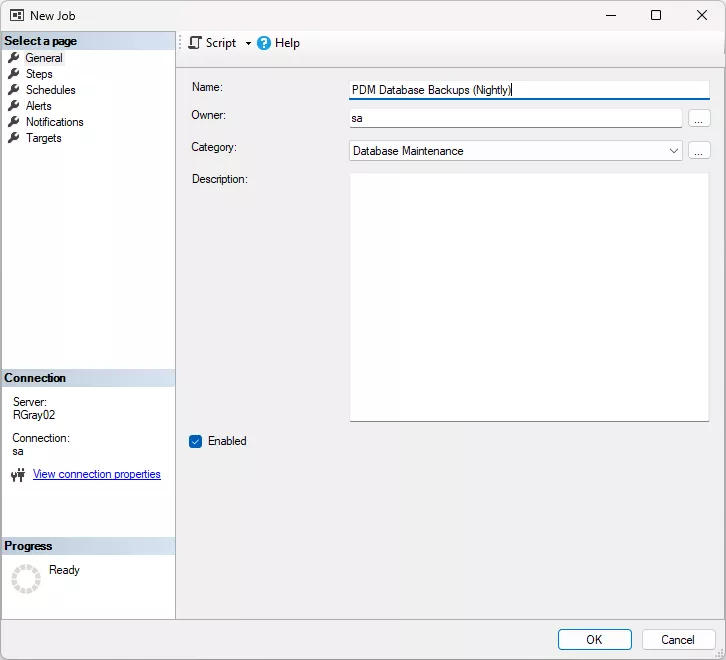 New Job Dialog SOLIDWORKS PDM Database Backups