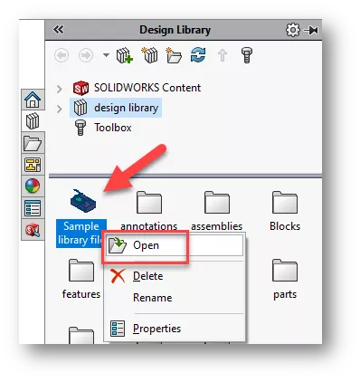 SOLIDWORKS Design Library Open Library File