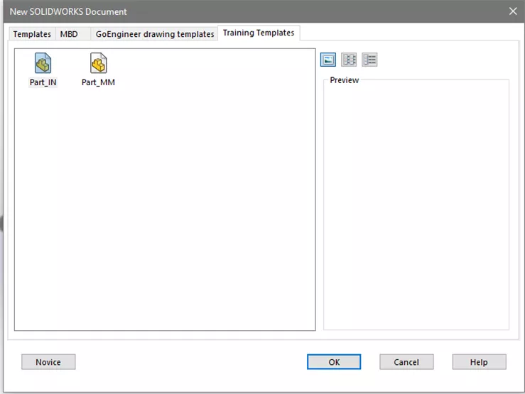 New SOLIDWORKS Document Dialog Box Training Templates Tab 