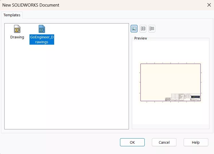 New SOLIDWORKS Document Drawing Template