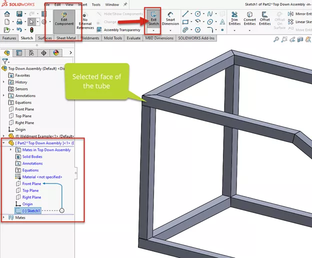New SOLIDWORKS Part Shown in Edit Mode with an Active Sketch Command