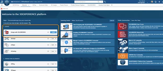 The improved welcome app includes an easy way to install SOLIDWORKS in the 2023x FD02 release for the 3DEXPERIENCE Platform.