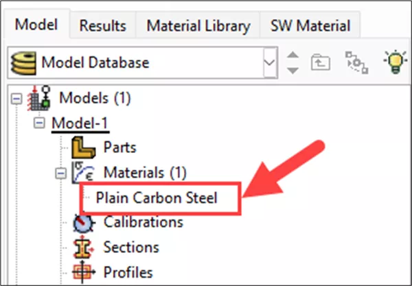 Plain Carbon Steel SOLIDWORKS Material Added to Abaqus Result Tree via Plug-in