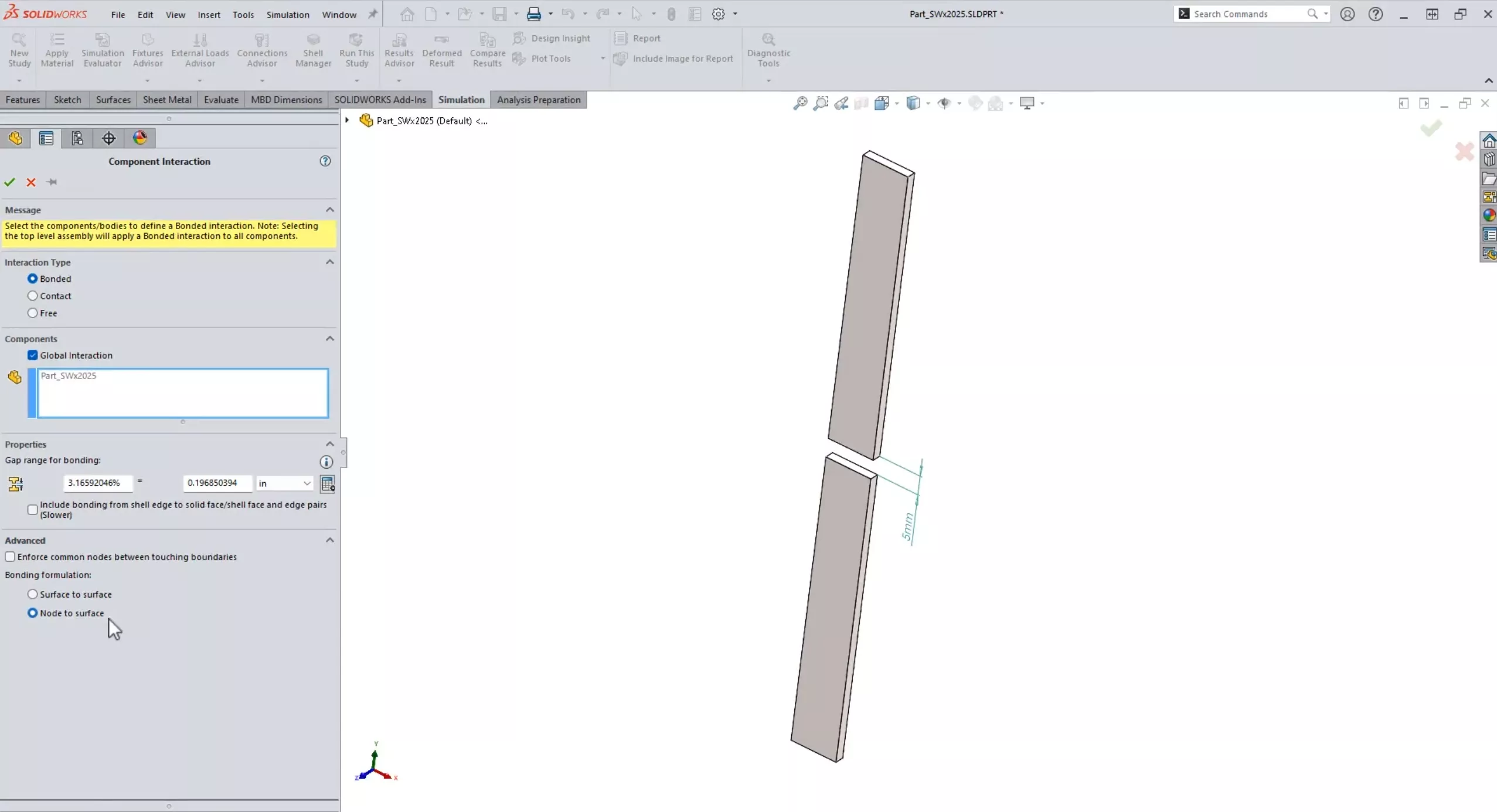 Node to Surface Option in SOLIDWORKS Simulation 2025