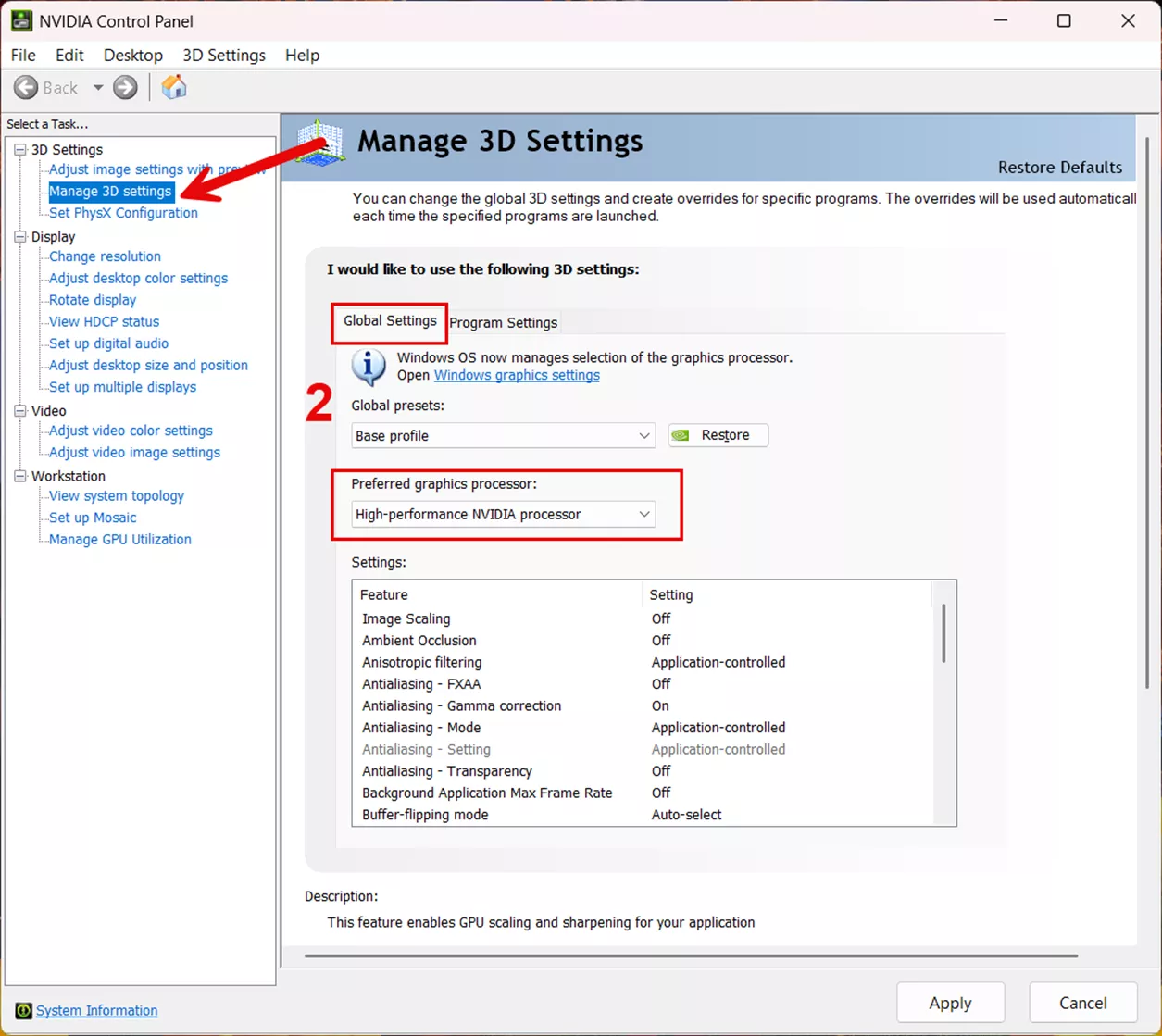 Manage 3D Settings Option in the NVIDIA Control Panel