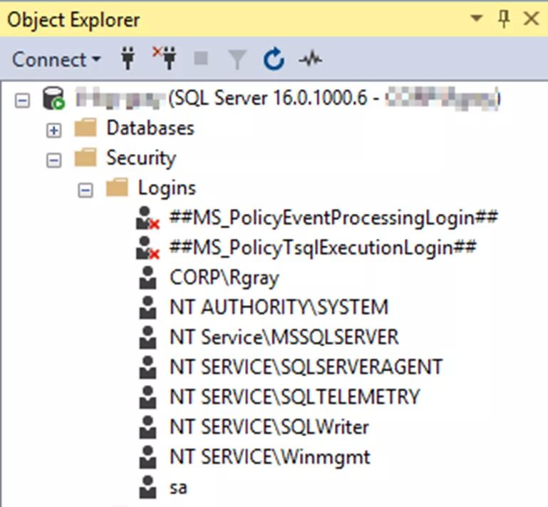 Object Explorer Security Logins Folders