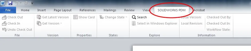 SOLIDWORKS PDM Tab in Microsoft Office 