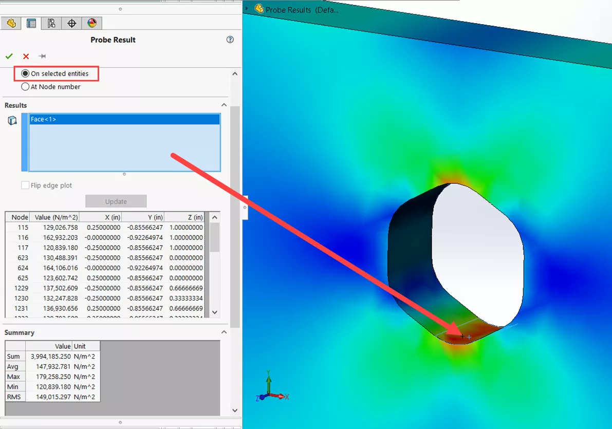 On Selected Entities SOLIDWORKS Simulation Probe Result Option