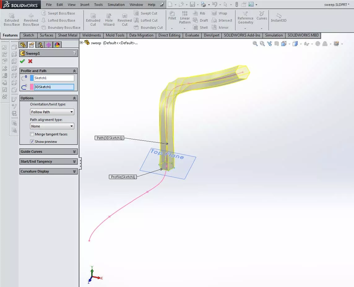 One-directional Sweep in SOLIDWORKS 