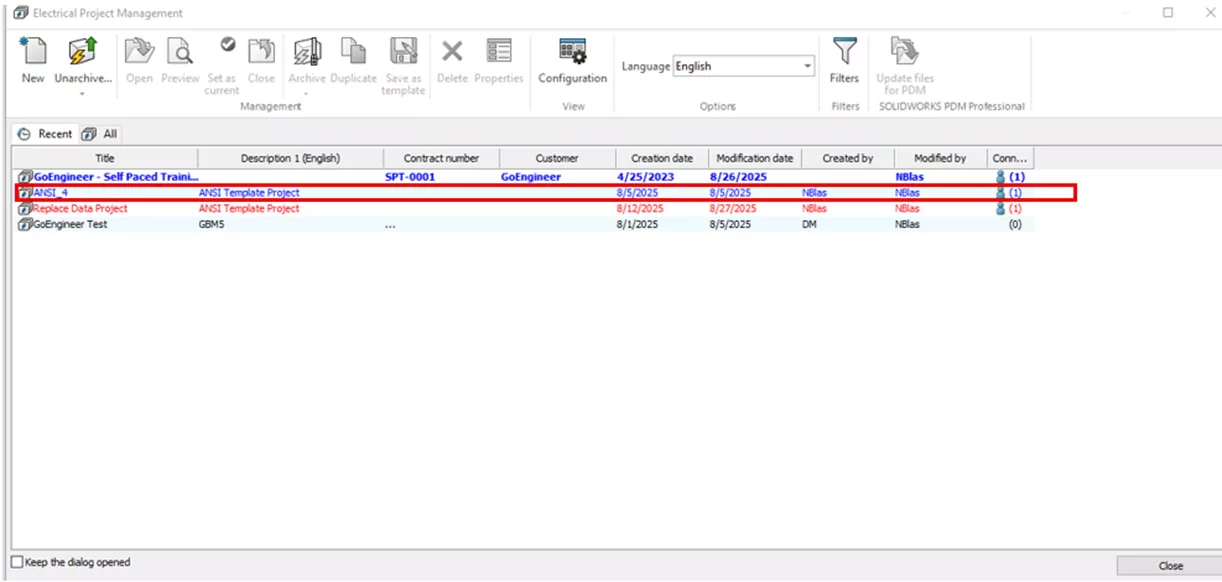 Standard Blue Font Projects in SOLIDWORKS Electrical Indicate that the Project is Open, but is Not the Current Project