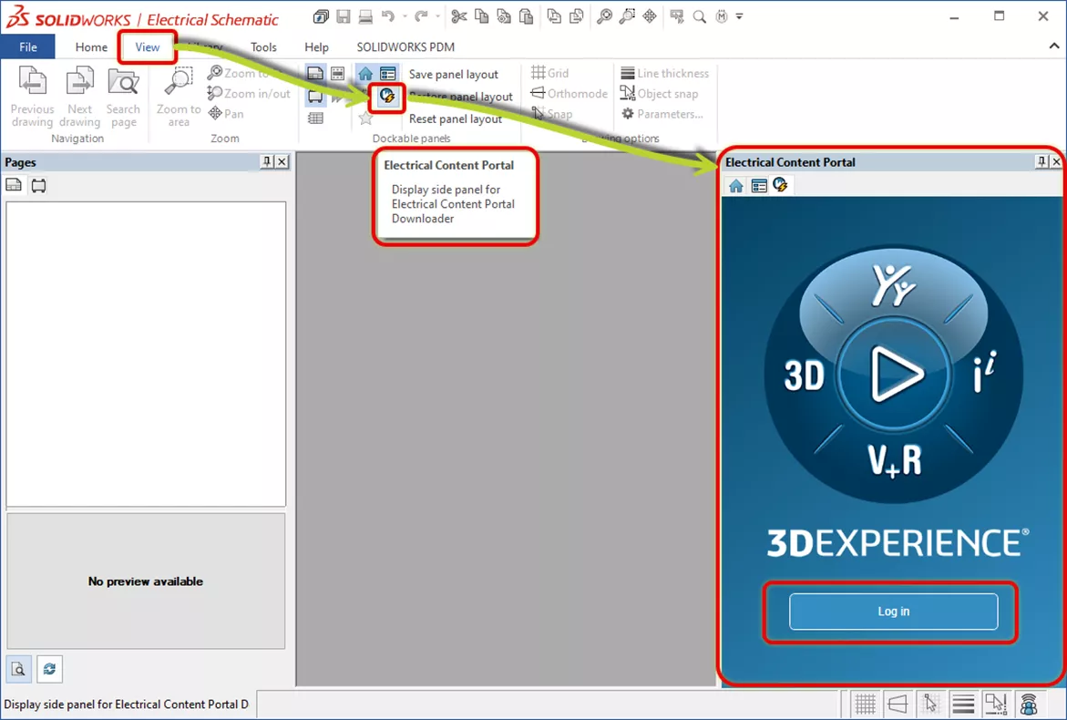 Open the SOLIDWORKS Electrical Content Portal Using the Dockable Panel