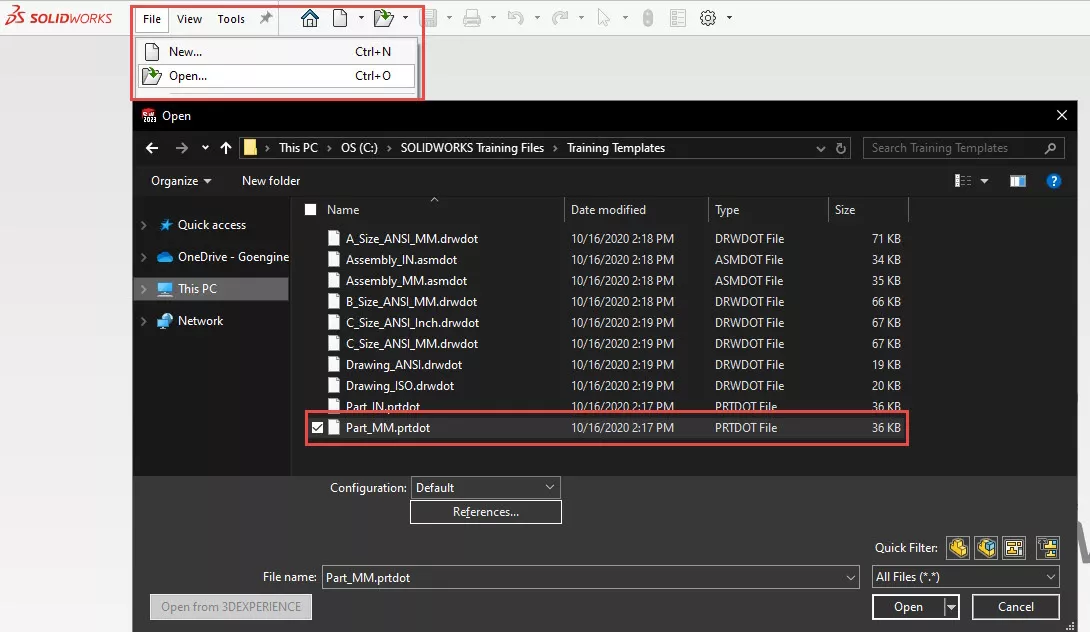 Open an Existing SOLIDWORKS Template