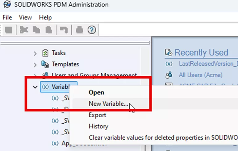 Open New Variable in SOLIDWORK SPDM Administration Tool 