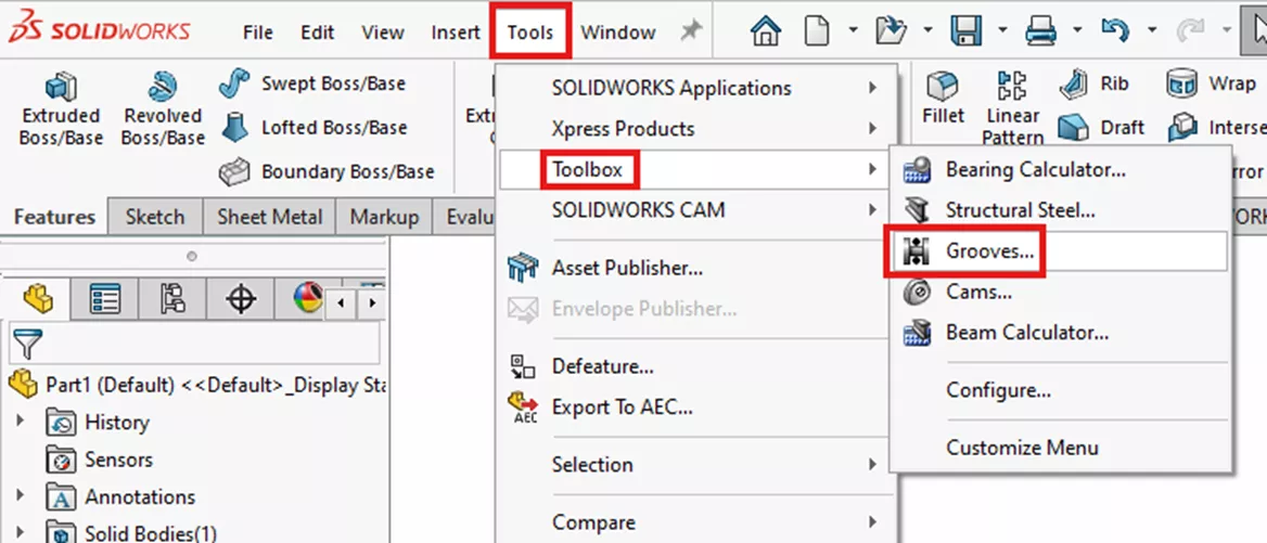 Location of the SOLIDWORKS Grooves Toolbox Tool 