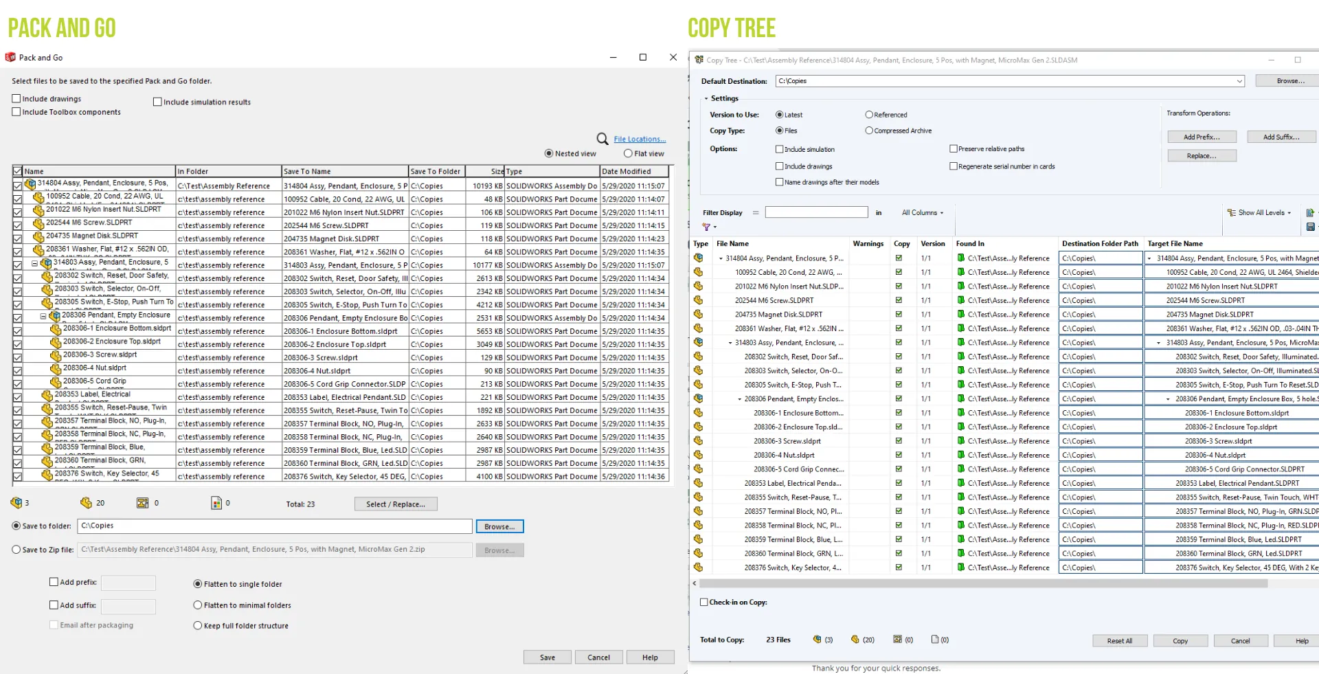 side by side comparison of solidworks pack and go and copy tree tool