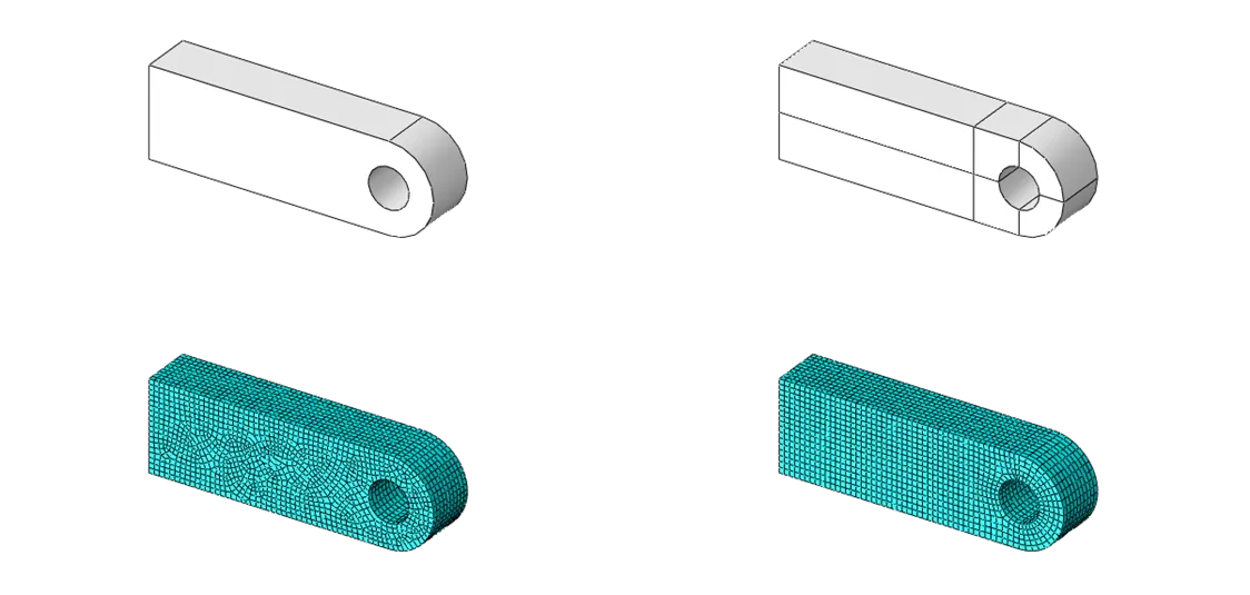 Abaqus/CAE partition; left (unpartitioned), right (partitioned)