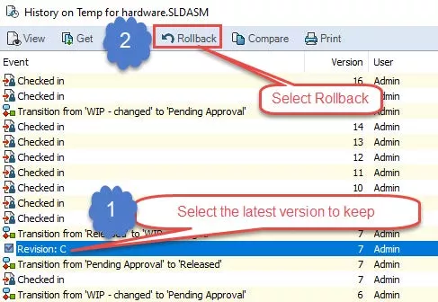 How a Rollback Performed in SOLIDWORKS PDM