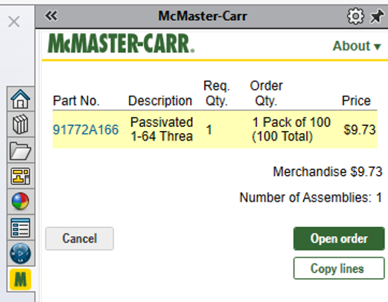 Place McMaster-Carr Order SOLIDWORKS Add-In 