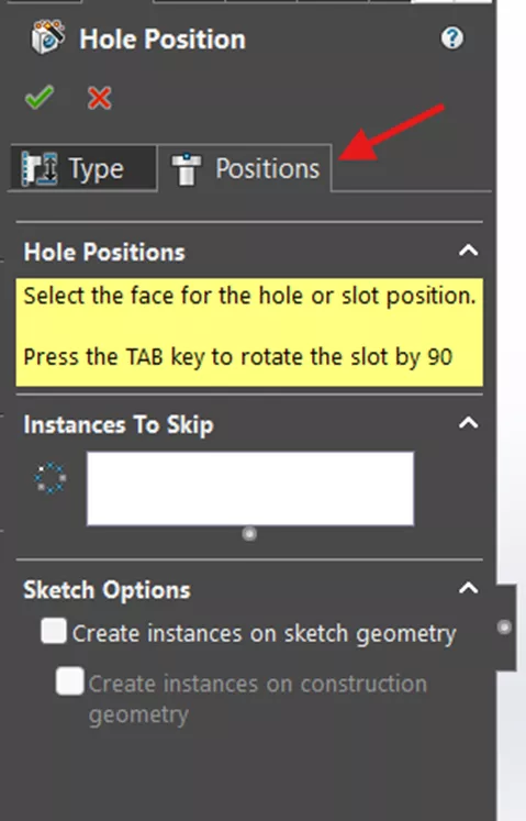 Positions Tab in SOLIDWORKS Hole Positions