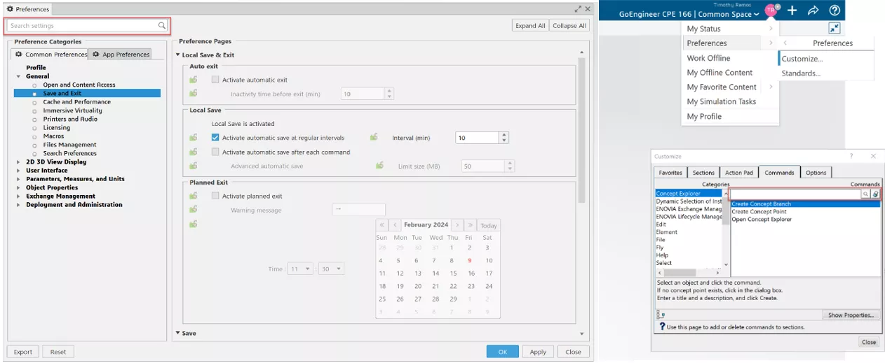 In 3DEXPERIENCE, you can search both in Preferences and the Customization menu