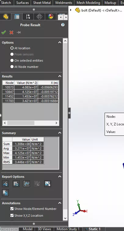 SOLIDWORKS Simulation Probe Tool Options 