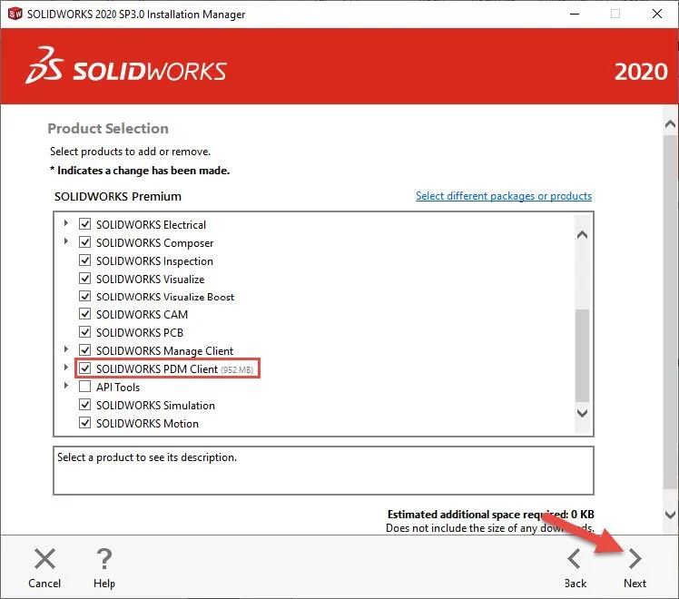 Prodcut Selection SOLIDWORKS PDM Client