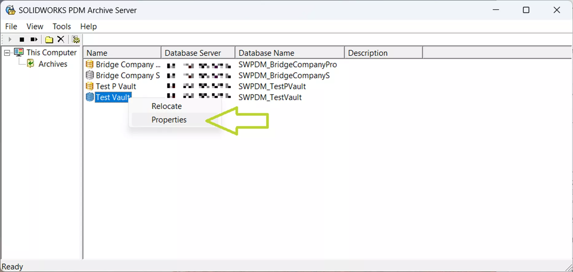 Properties Option SOLIDWORKS PDM Archive Server