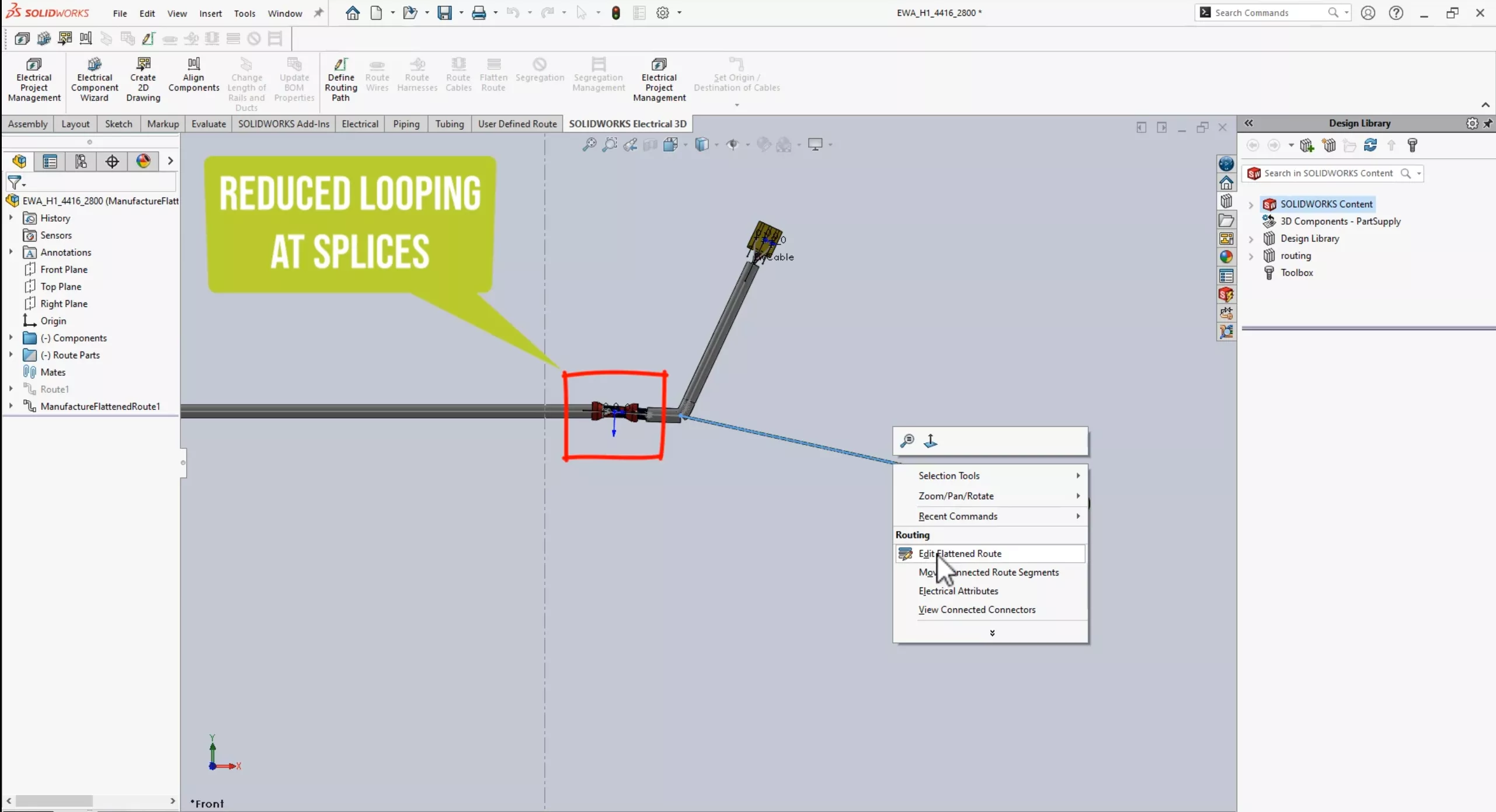 Reduced Looping at Splices in SOLIDWORKS Electrical 2025