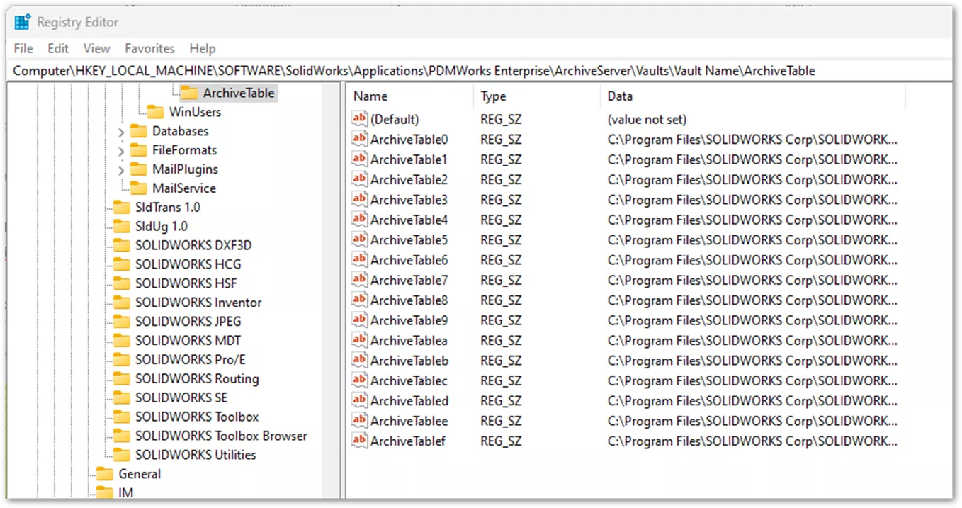 Registry Editor ArchiveTable Folder for SOLIDWORKS PDM Restore Backups