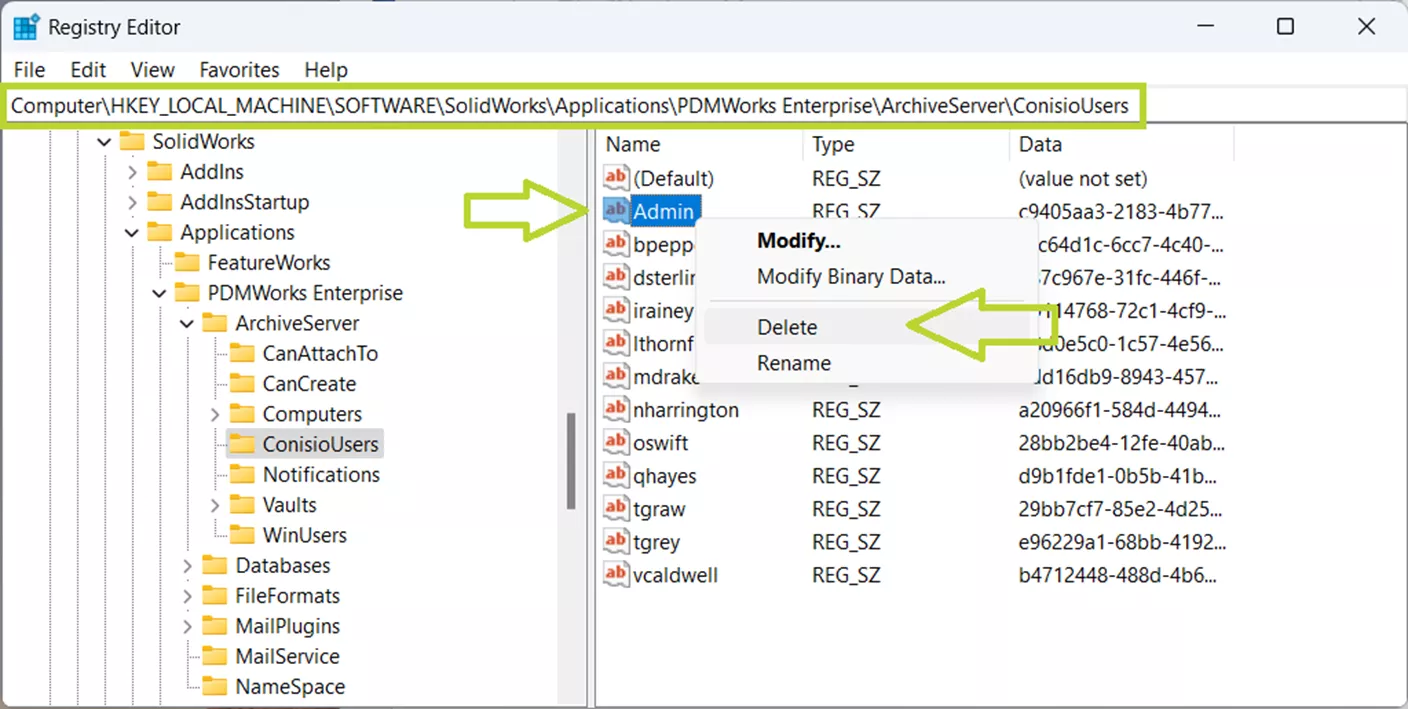 Registry Editor SOLIDWORKS PDM Admin Password Reset