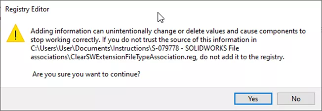 Registry Editor Warning when Fixing SOLIDWORKS File Associations