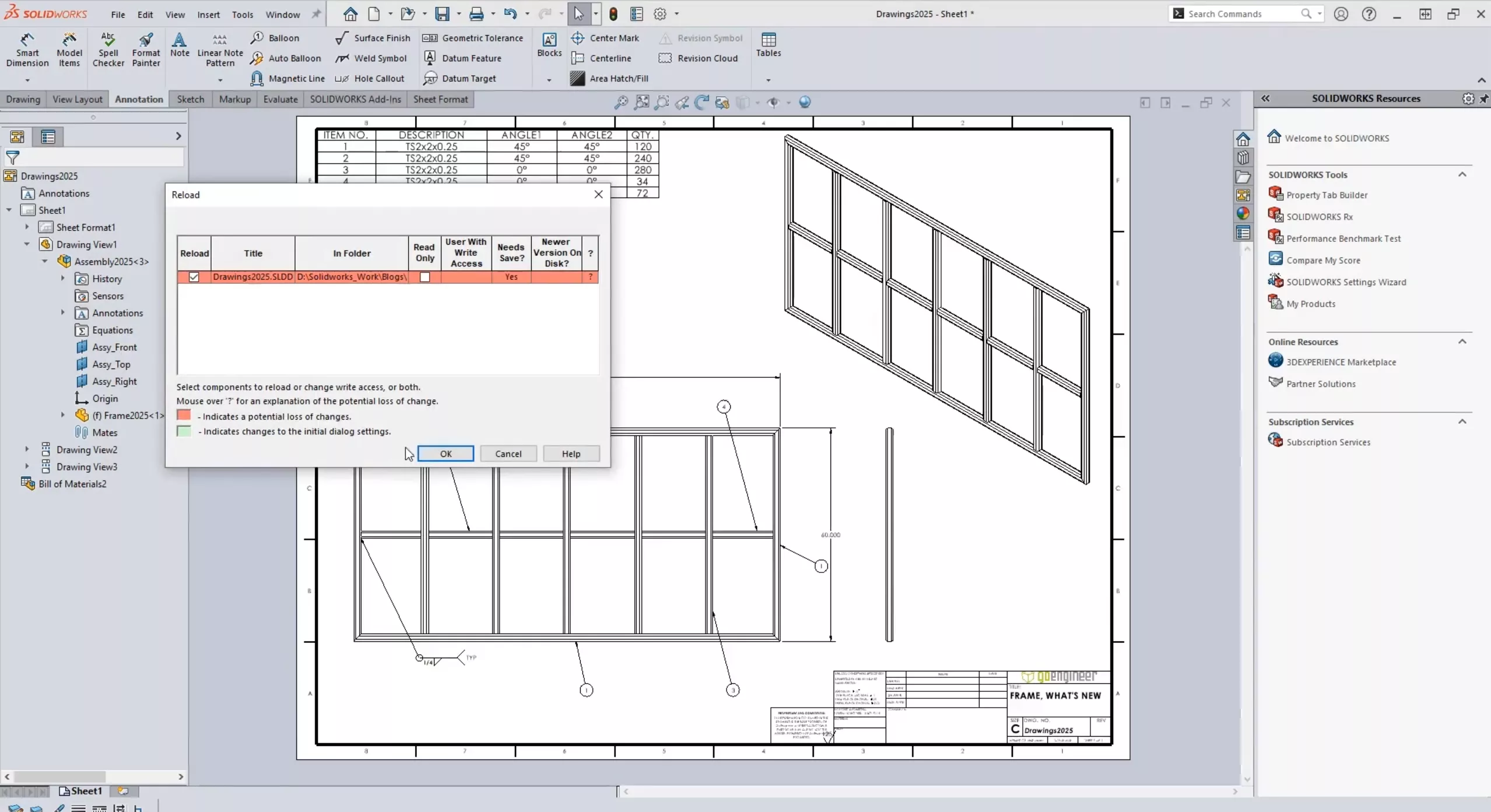 Reload Drawings in SOLIDWORKS 2025 