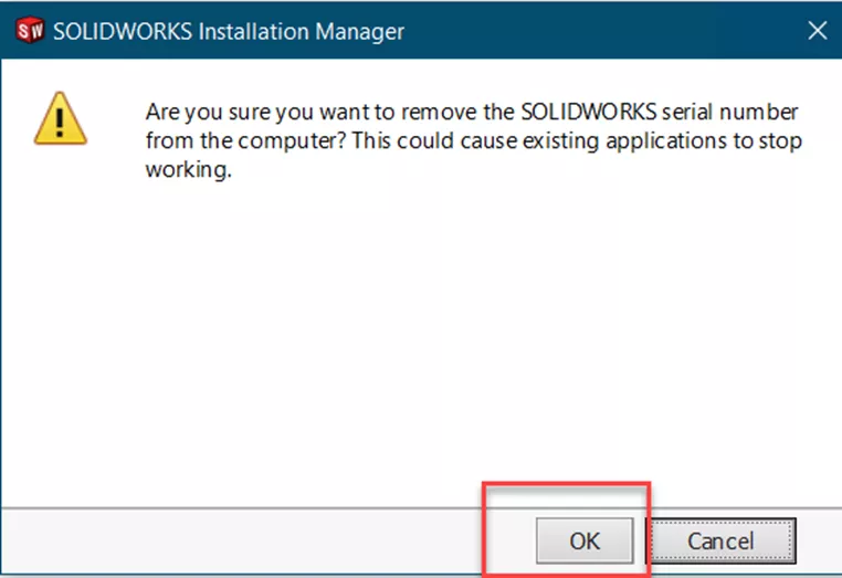 SOLIDWORKS Installation Manager Warning: Are you sure you want to remove the SOLIDWORKS serial number from the computer 