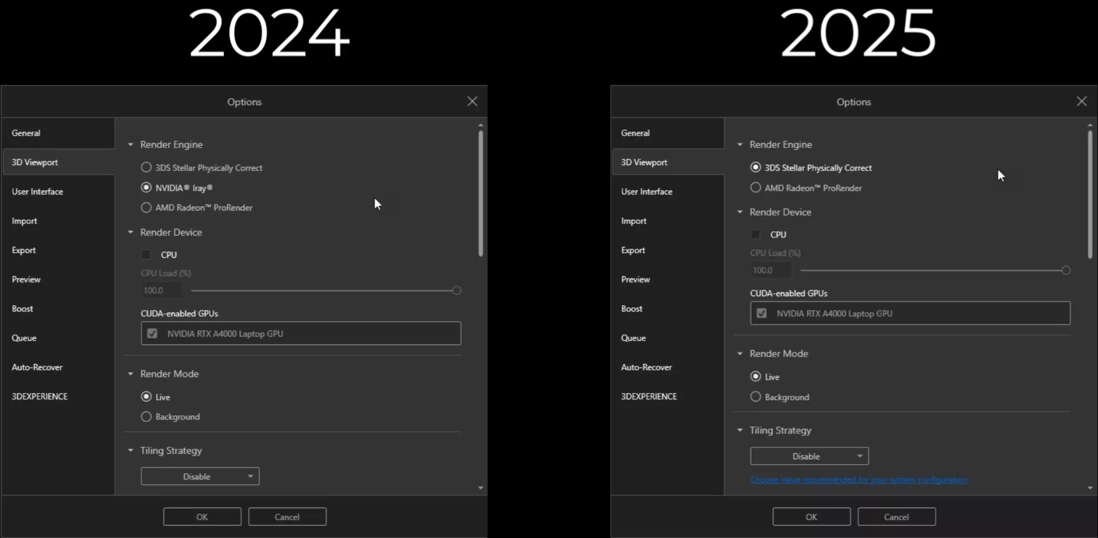 Render Engine Options in SOLIDWORKS Visualize 2025 vs Visualize 2024