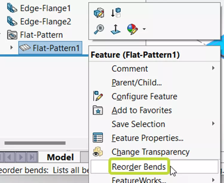 Reorder Bends option in the Flat Pattern right-click menu