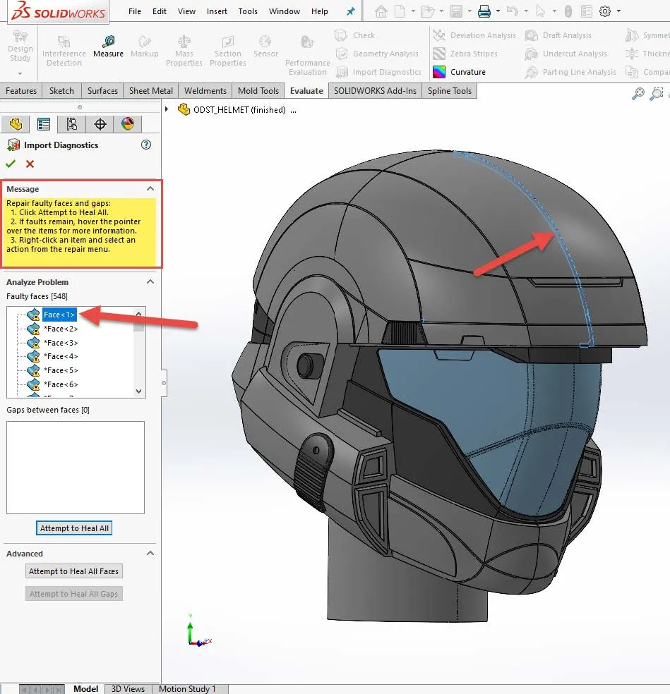 repair faulty faces and gaps solidworks message