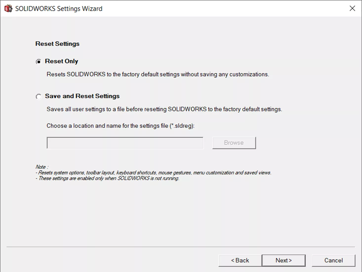 Reset Settings Options in the SOLIDWORKS Settings Wizard