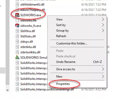 SLDWORKS.exe Properties menu