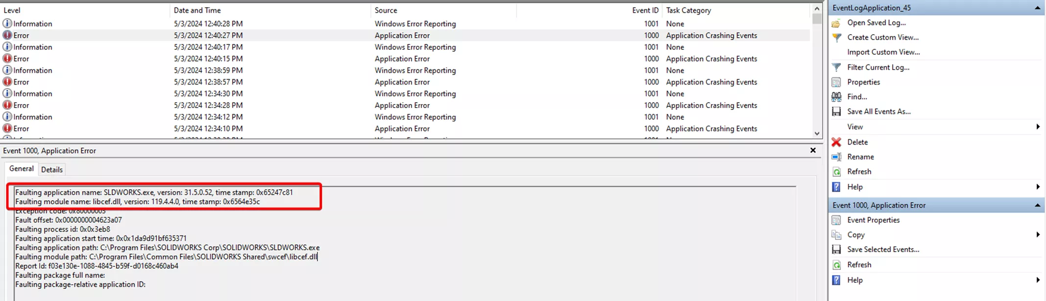 SOLIDWORKS CEF how to resolve the error, faulting module libcef.dll?