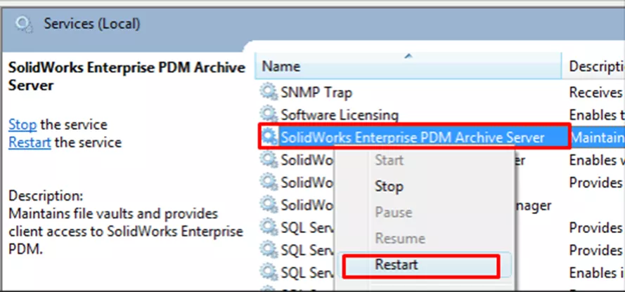 Restart Archive Service SOLIDWORKS PDM 