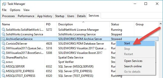 Restart SOLIDWORKS PDM Archive Database Services