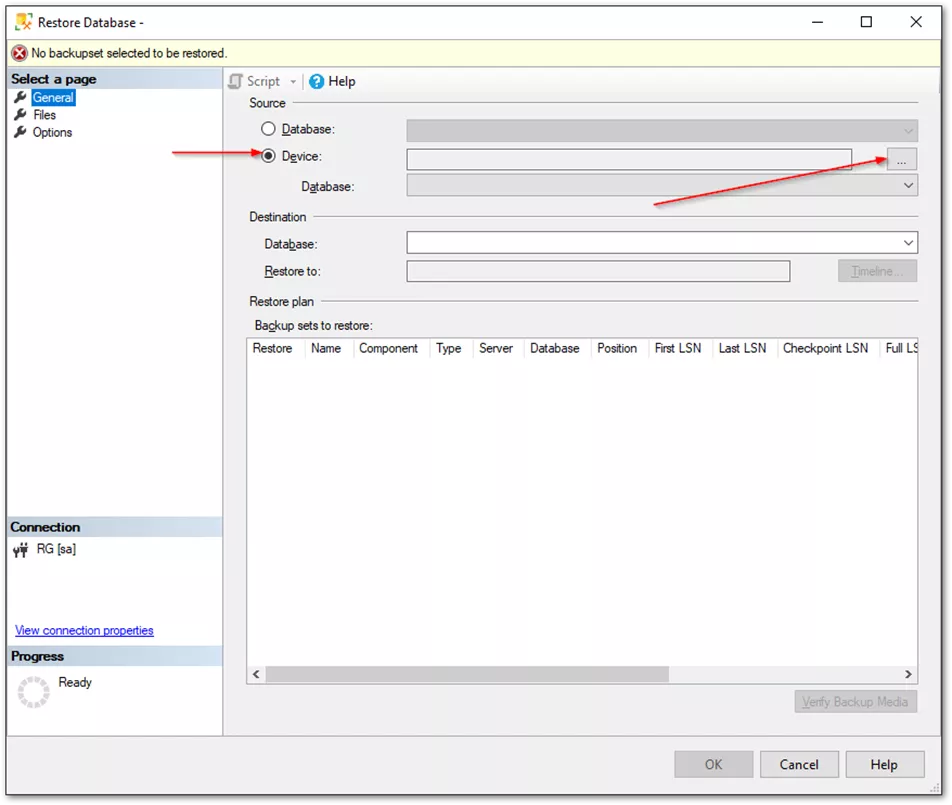 Restore Database Window for SOLIDWORKS PDM Vault Backups