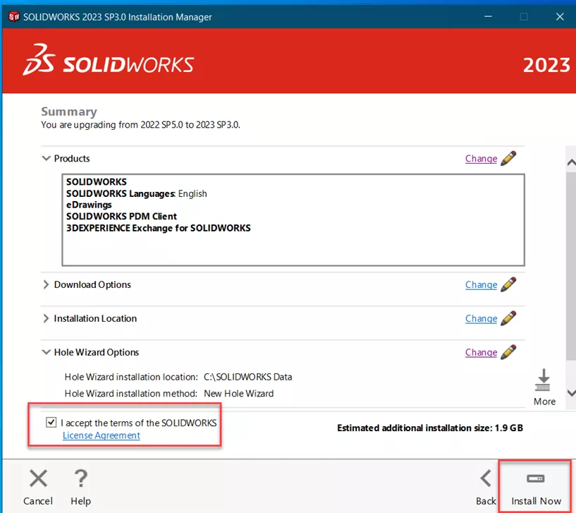 Review SOLIDWORKS 2023 License Agreement and Install Now