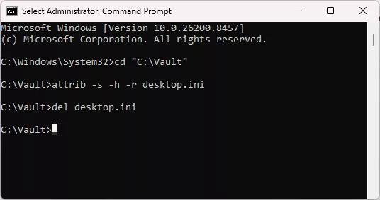 Run As Administrator Command Prompt for Turning the Vault View into a Regular Folder