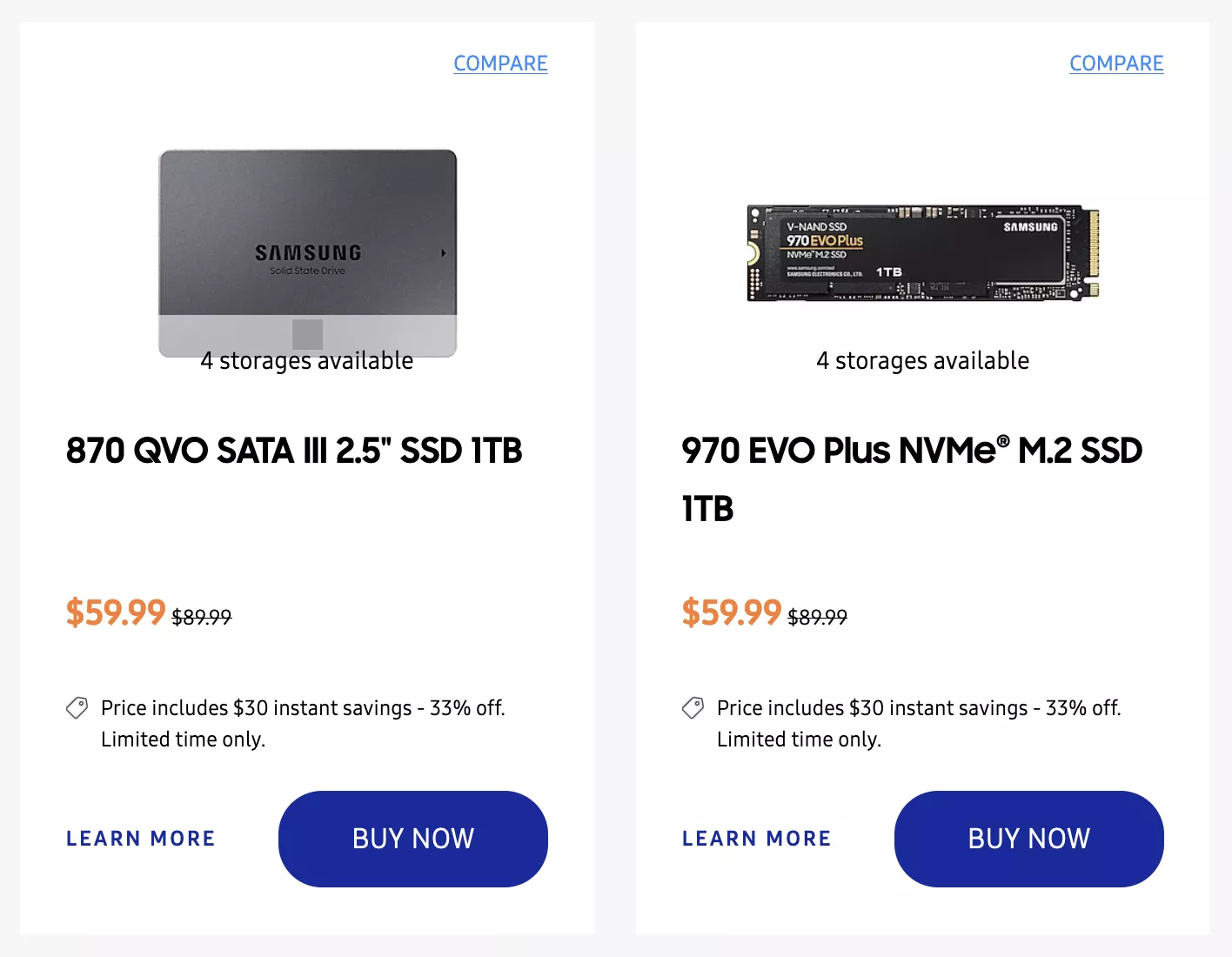 Two form factors of SSD on the Samsung storefront.