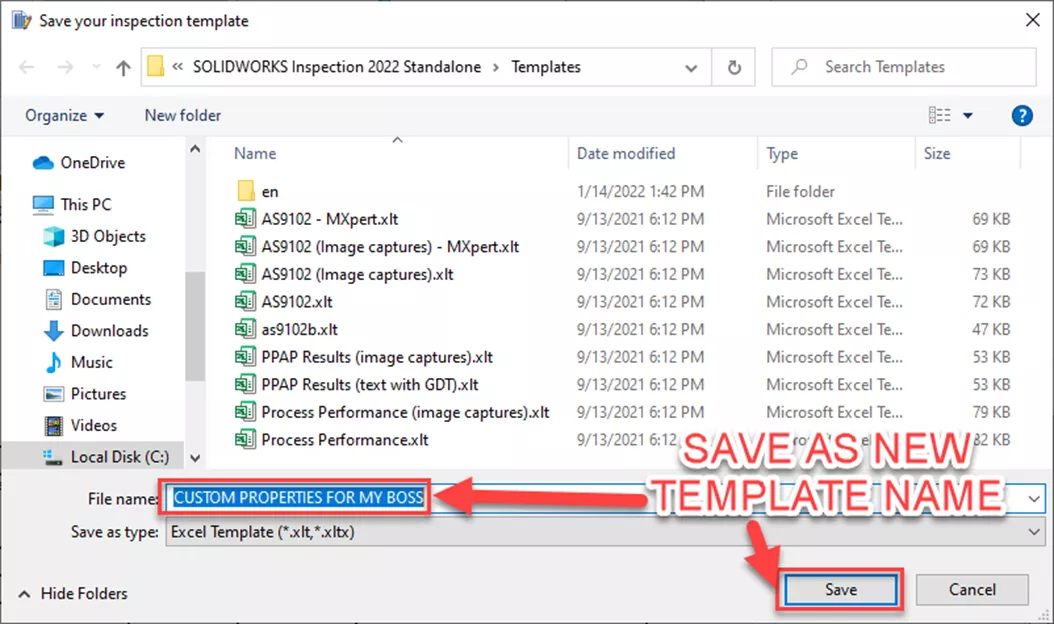 Save New SOLIDWORKS Inspection Template Name in Microsoft Excel 