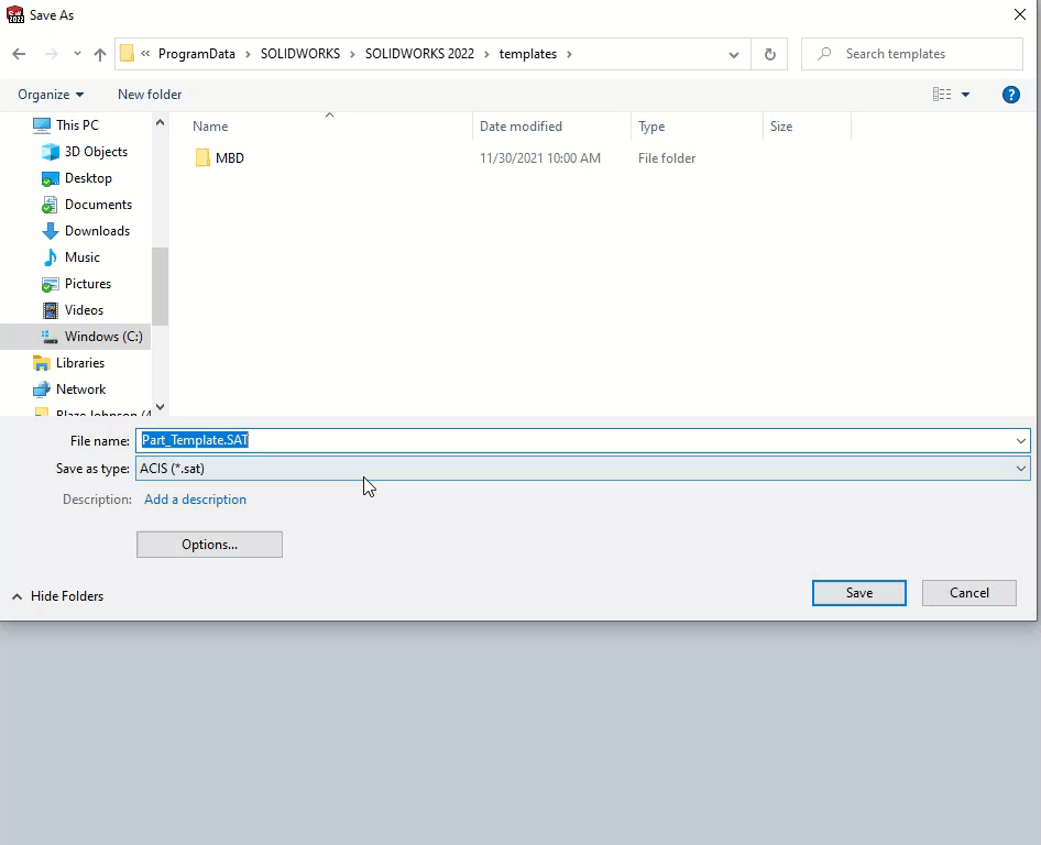 Save SOLIDWORKS Part Template