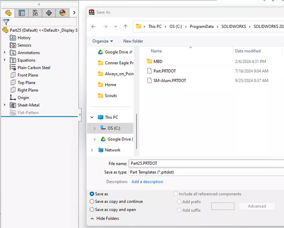 Save SOLIDWORKS Part Template