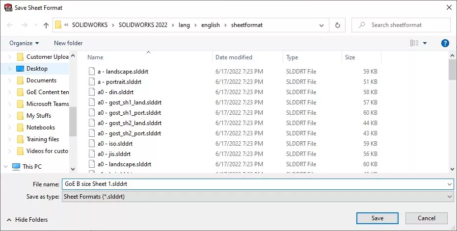 Save SOLIDWORKS Sheet Format