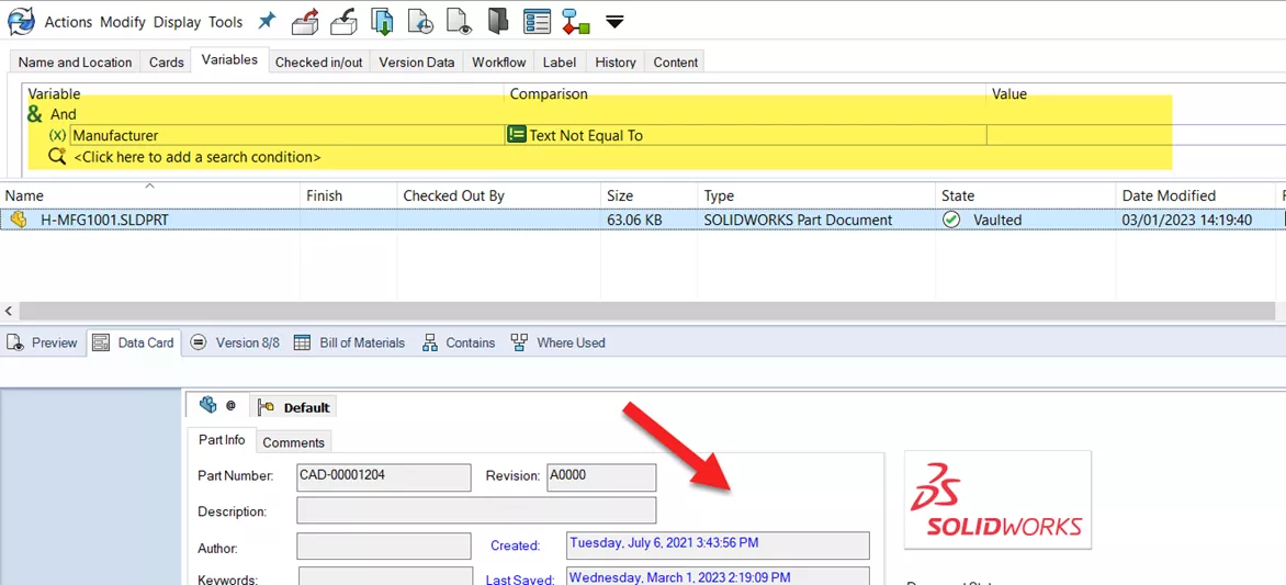 Searching by variable while remaining hidden in the SOLIDWORKS PDM data card